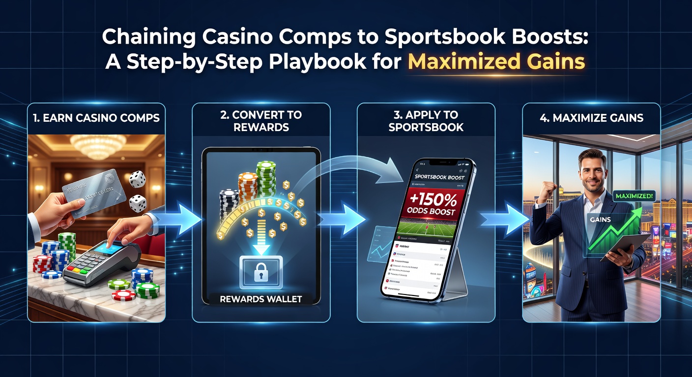 Step-by-step infographic illustrating comp-to-boost chaining with icons for casino slots, sportsbook bets, and reward cycles