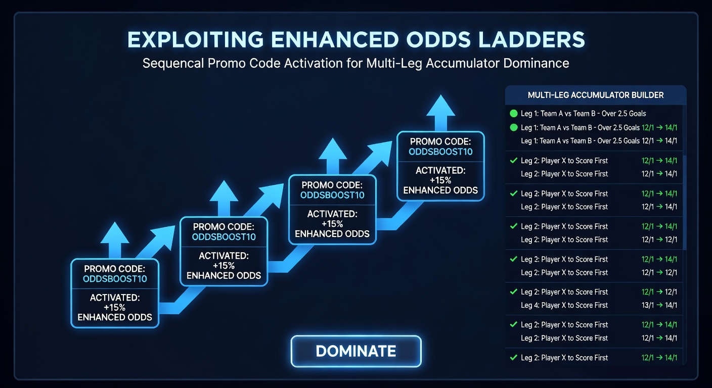Screenshot of a betting slip displaying a five-leg accumulator with sequential odds boosts applied, promo code entry field highlighted, and payout multiplier climbing from base to enhanced levels