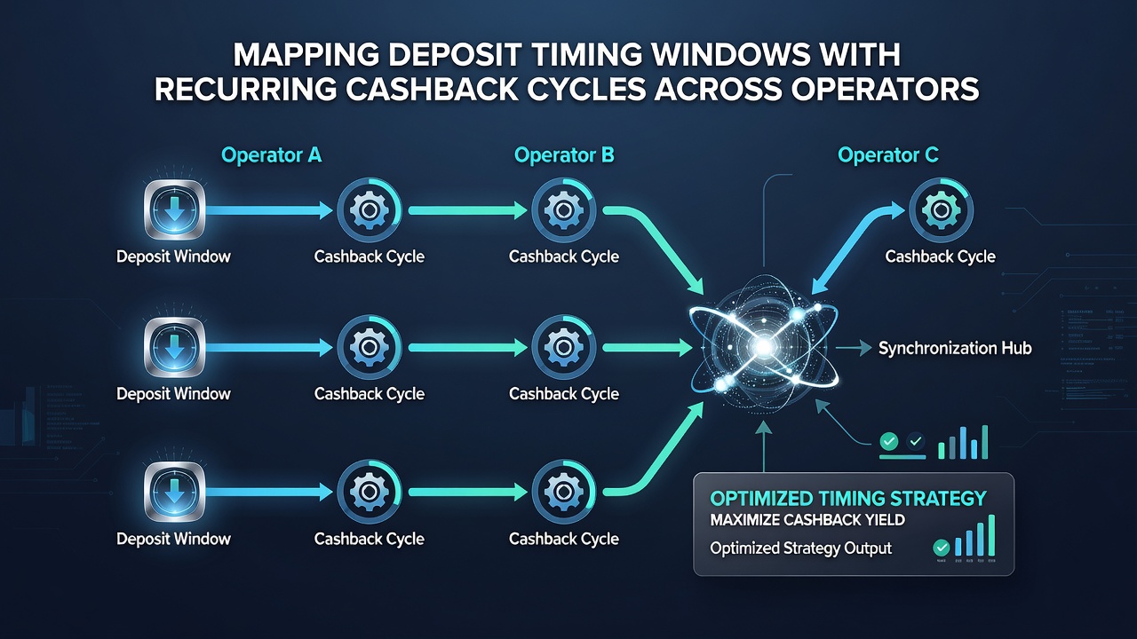 Timeline graphic illustrating staggered cashback cycles and deposit points for three major operators