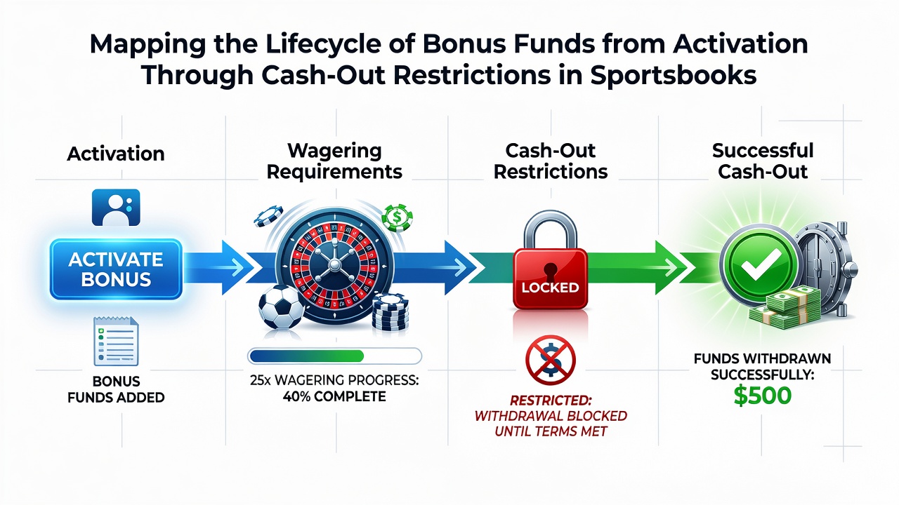 Flowchart illustrating cash-out restrictions and timeline checkpoints for converted bonus funds