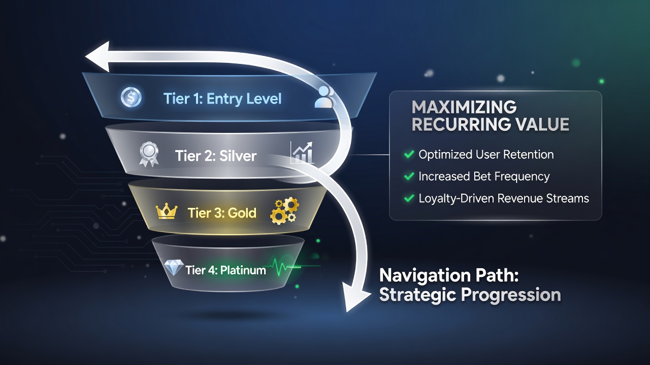 Screenshot of a user dashboard displaying loyalty tier progress, points balance, and upcoming reward unlocks on a betting app