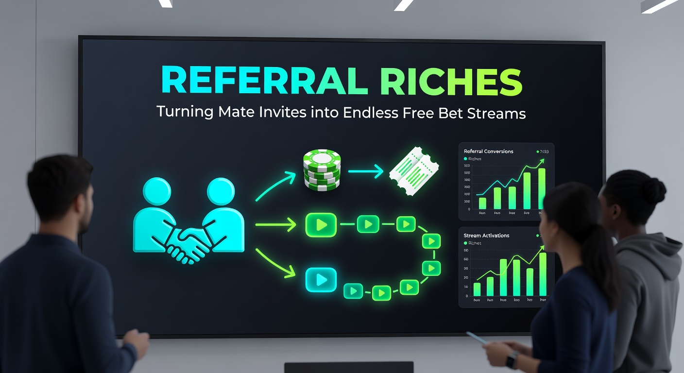 Graphic showing a network of referral chains branching out from one user to many, with free bet tokens cascading downward