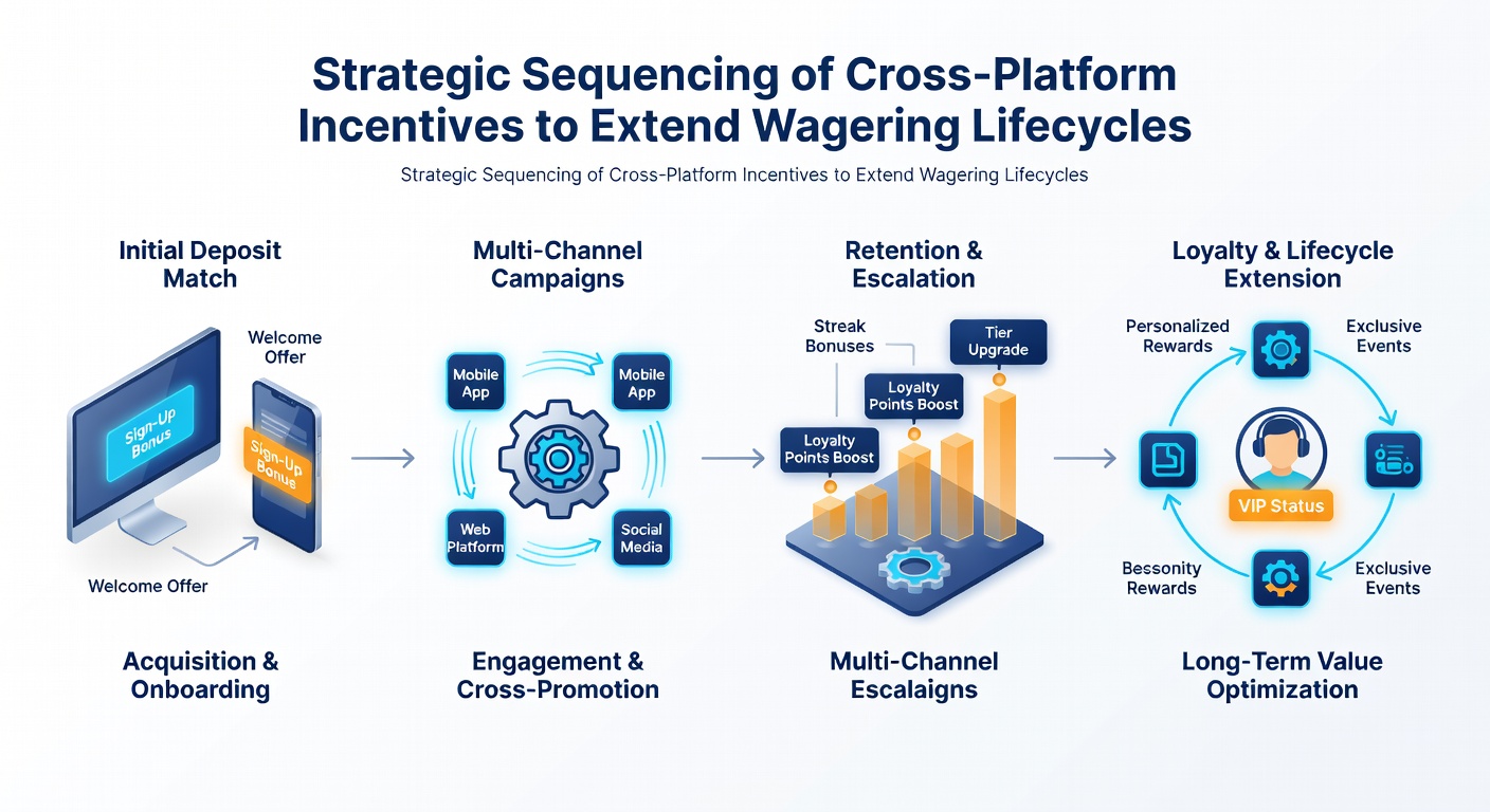 Timeline graphic illustrating a four-week incentive sequence moving from mobile to desktop to retail kiosk and back to loyalty dashboard