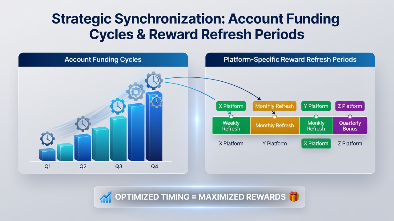 Diagram displaying synchronized funding timelines overlaid with reward refresh markers across different operator platforms