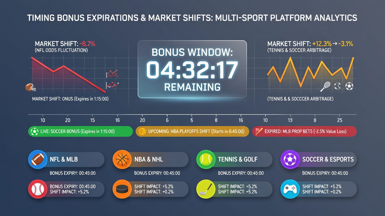 Charts and interface screenshots showing bonus expiration dates adjusted to align with shifting odds in tennis and football markets