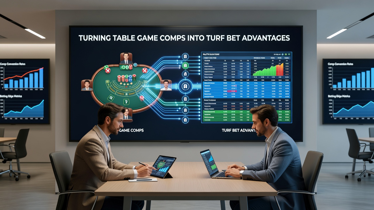 Race book terminals displaying converted comp balances applied to turf racing wagers